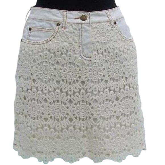 Cache Ivory Lace Hand Crochet Percale Peek A Boo Stretch Skirt New $128 NWT - Picture 1 of 4